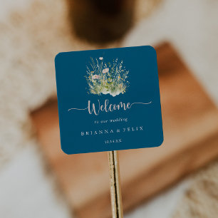 Greenery Boho Wildflower Navy Wedding Welcome Square Sticker