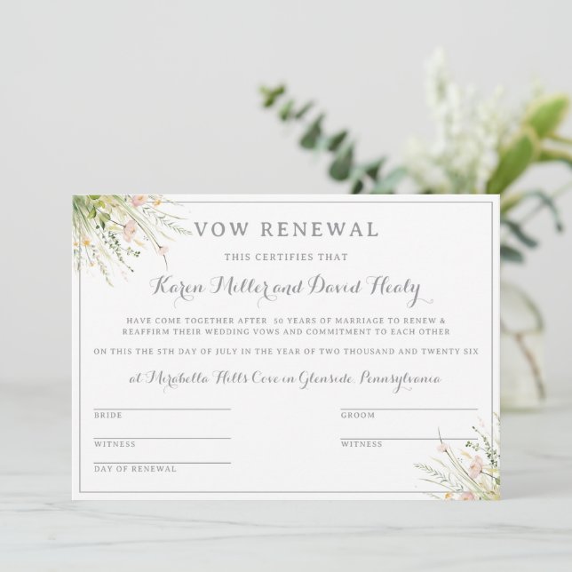 Greenery Boho Wildflower Vow Renewal Certificate  Invitation (Standing Front)