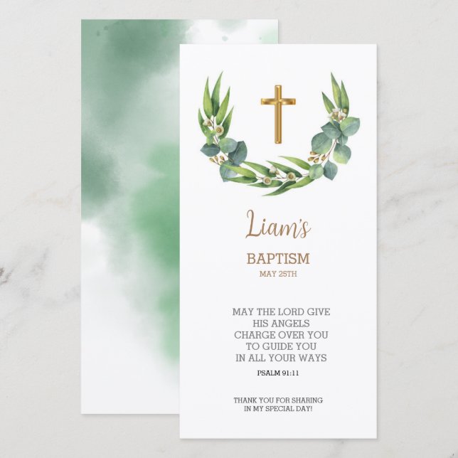 Greenery Bookmark Thank You Card, Baptism Favour (Front/Back)