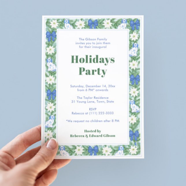 Greenery Border Blue And White Holidays Party Invitation (Chinoiserie Chic Chintz Holiday Party Invite With Watercolor Border Featuring Pottery Dogs, greenery)