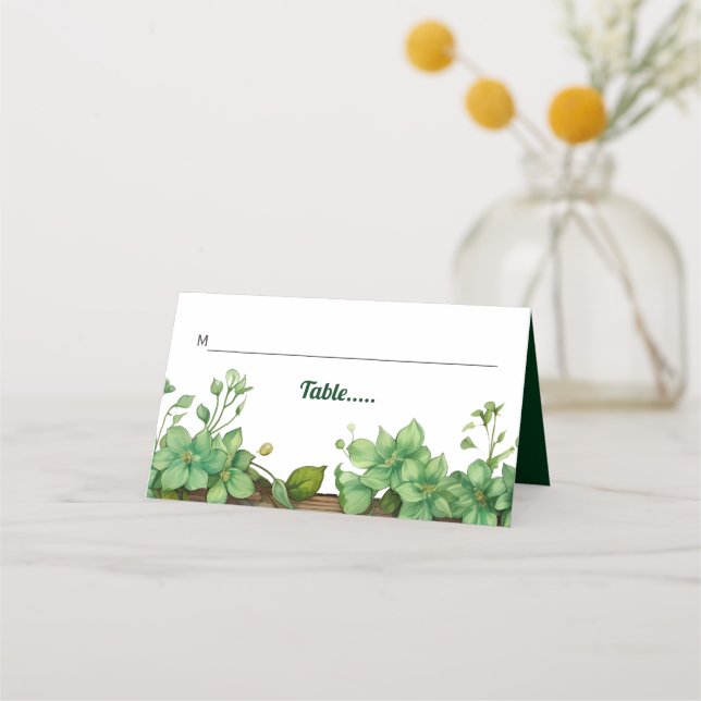 Greenery borders wood spring wedding escort place card (Front)