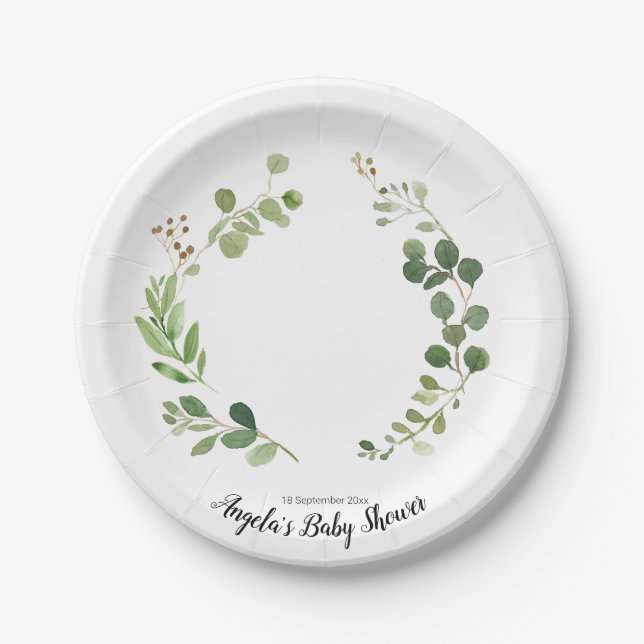 Greenery Botanical Baby Show Party Paper Plates (Front)