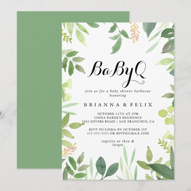 Greenery Botanical BabyQ Baby Shower Barbecue Invitation (Front/Back)