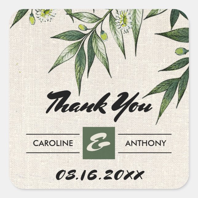  Greenery Botanical Burlap Wedding Thank You  Square Sticker (Front)