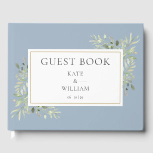 Greenery Botanical Elegant Dusty Blue Wedding Guest Book