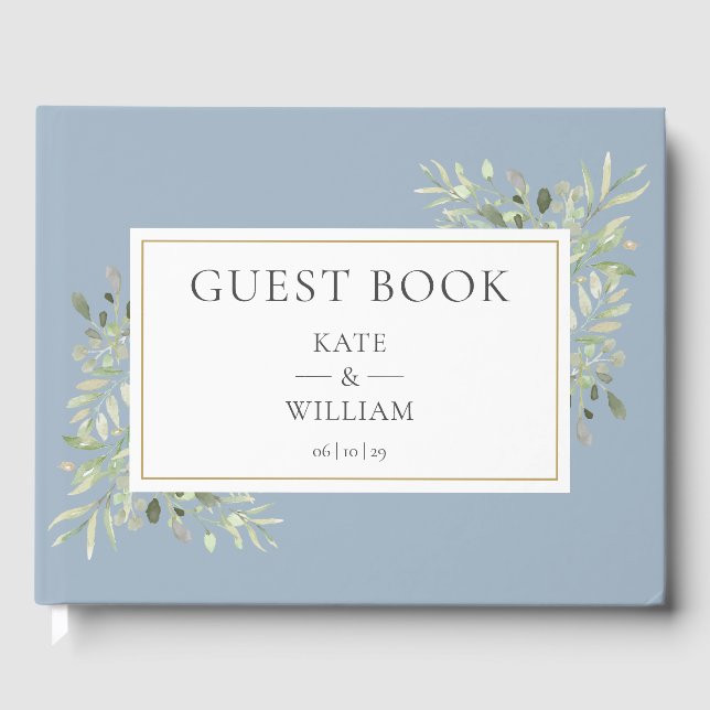 Greenery Botanical Elegant Dusty Blue Wedding Guest Book (Front)