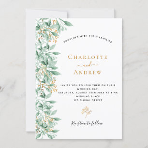 Greenery botanical floral gold white wedding invitation