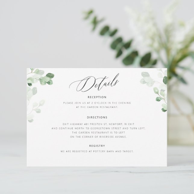 Greenery Botanical Floral Wedding Details Card (Standing Front)