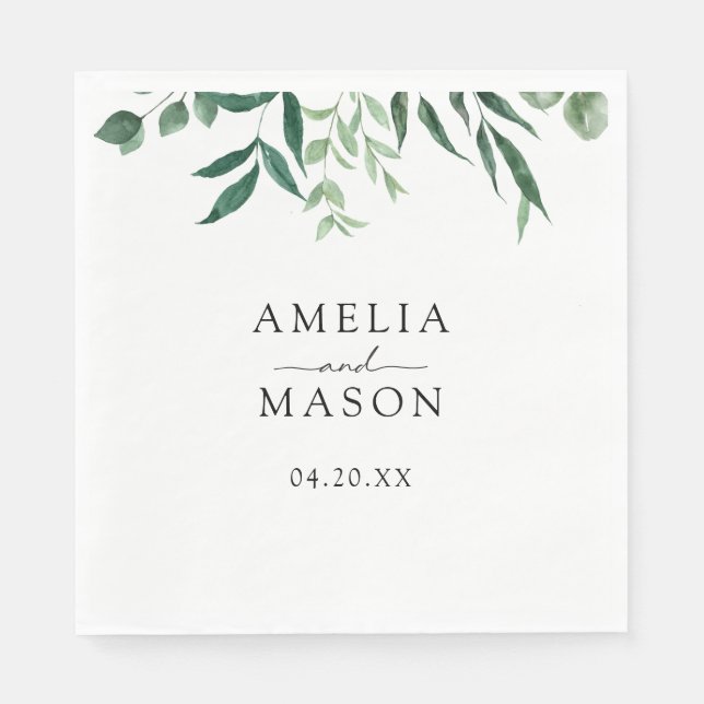 Greenery Botanical Foliage Watercolor Wedding Napkin (Front)