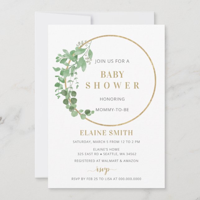Greenery Botanical Gold Gender Neutral Baby Shower Invitation (Front)