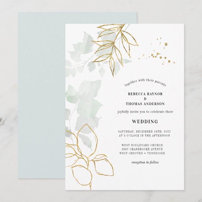 Greenery Botanical Gold Leaf Wedding Invitation (Front/Back)