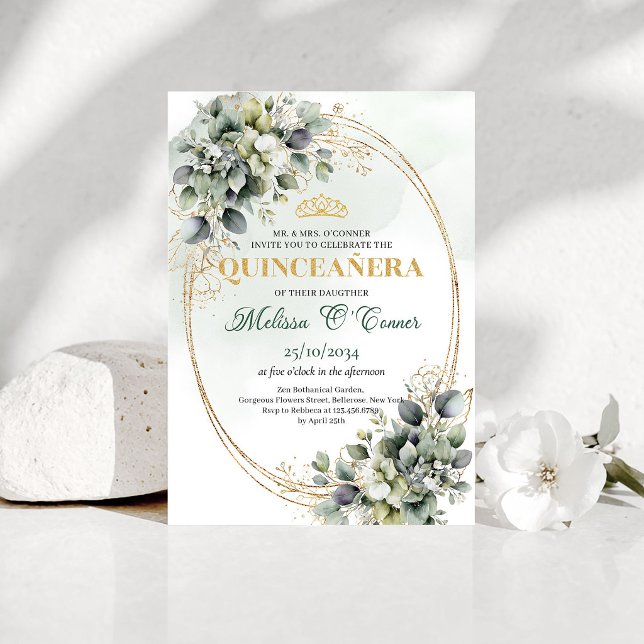 Greenery Botanical Gold Quinceanera Invite (Greenery Botanical Gold Quinceanera Invite)