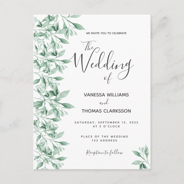 Greenery botanical green white wedding invitation postcard (Front)