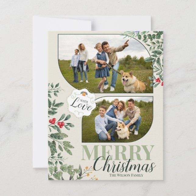 Greenery Botanical Merry Christmas 2 Family Photo Holiday Card (Front)
