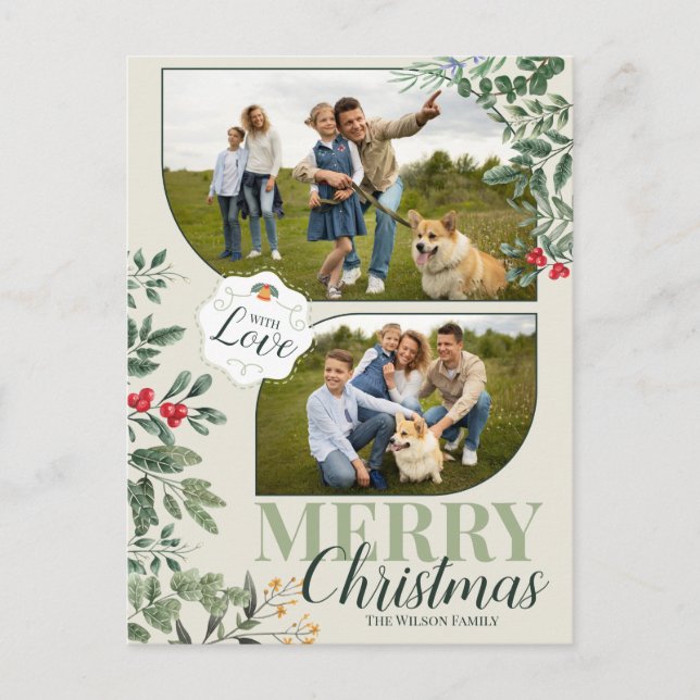 Greenery Botanical Merry Christmas 2 Family Photo Holiday Postcard (Front)
