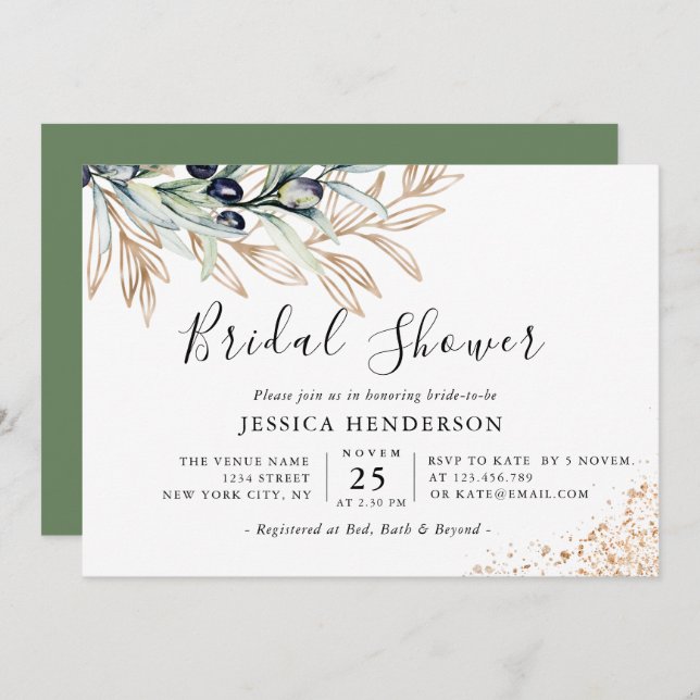 Greenery Botanical Olive, Gold Bridal Shower Invitation (Front/Back)