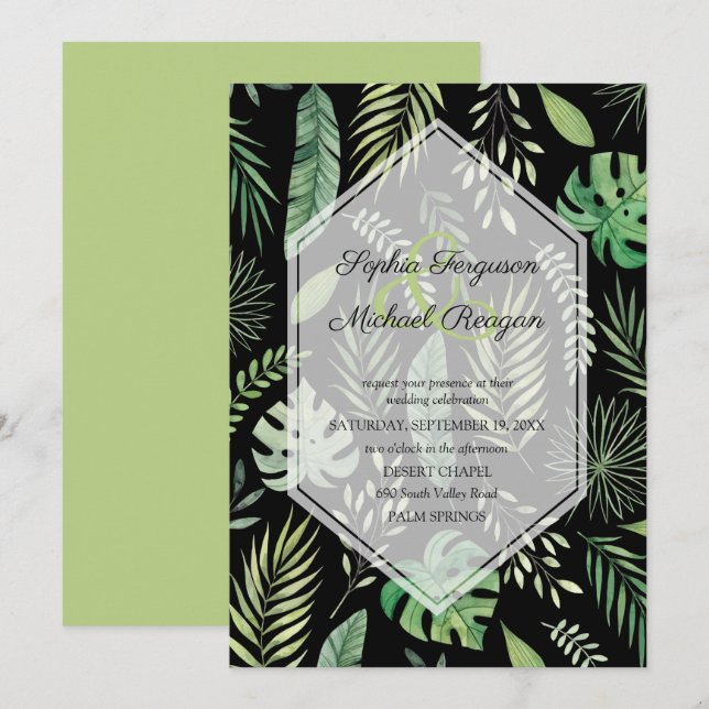 Greenery Botanical on Black Wedding Invitations (Front/Back)