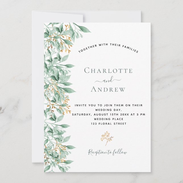 Greenery botanical sage green gold wedding invitation (Front)