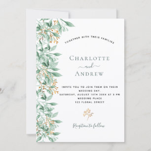 Greenery botanical sage green gold wedding invitation