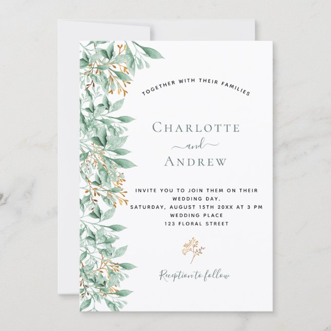 Greenery botanical sage green gold wedding invitation (Front)