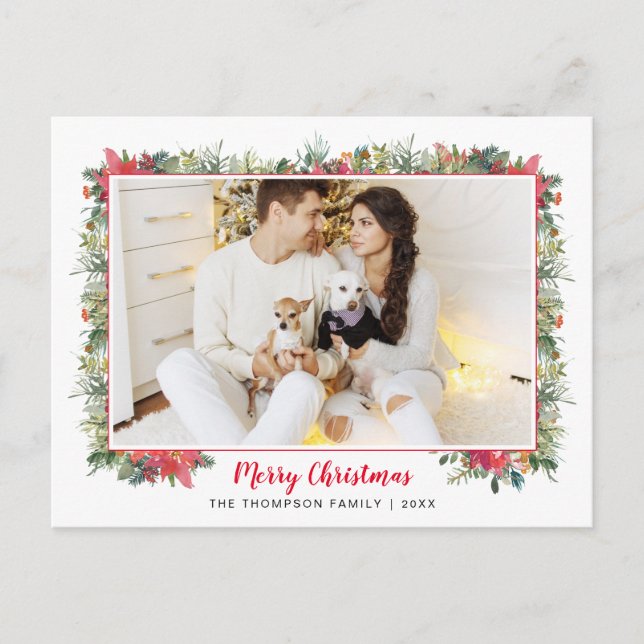 Greenery Botanical Script Photo Christmas  Holiday Postcard (Front)