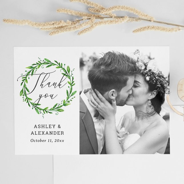 Greenery botanical script photo wedding thank you postcard (Creator Uploaded)
