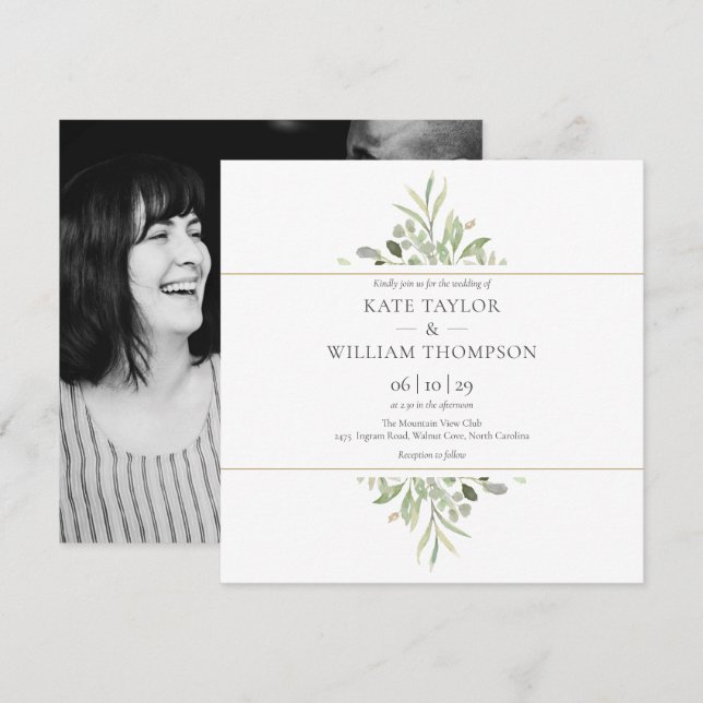 Greenery Botanical Watercolor Photo Wedding Invita Invitation (Front/Back)