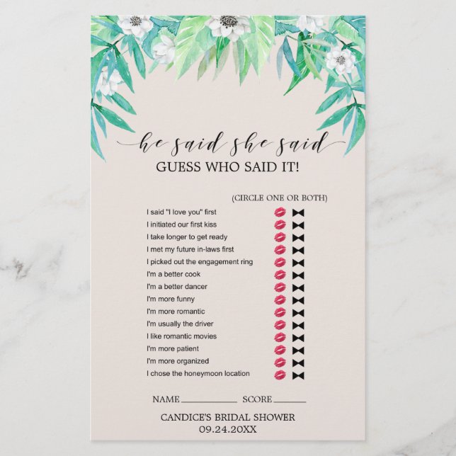 Greenery Botanical Wreath "He Said She Said" Game Flyer (Front)