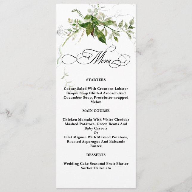 Greenery Botanicals Watercolor Calligraphy Wedding Menu (Front)