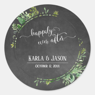 Greenery Bouquet Happily Ever After Chalkboard Classic Round Sticker