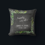 Greenery Bouquet Happily Ever After Chalkboard Cushion<br><div class="desc">Over a textured chalkboard background, I've added a messy artistic bouquet of watercolor greenery sprays. The centre was covered in a bordered chalkboard square that makes a perfect frame for the happy couple's personal details. The template placeholders were set up for names and date, which can be changed as you...</div>