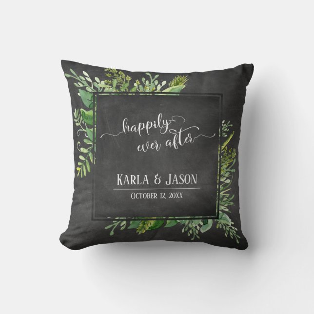Greenery Bouquet Happily Ever After Chalkboard Cushion (Front)