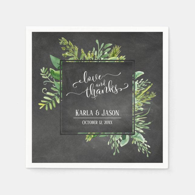 Greenery Bouquet Love and Thanks Script Chalkboard Napkin (Front)