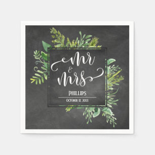 Greenery Bouquet Mr & Mrs Typography Chalkboard Napkin