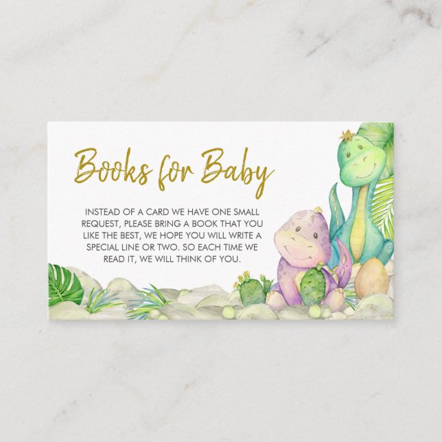 Greenery Boy Dinosaur Baby Shower Books for Baby Enclosure Card (Front)