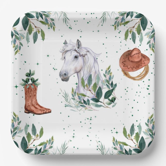 Greenery Boy Horse Birthday Party Paper Plate (Front)