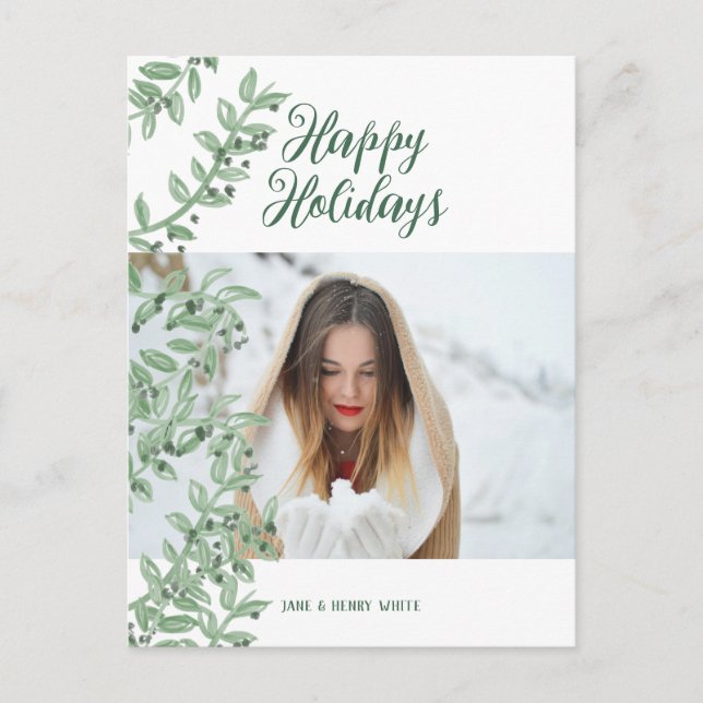 Greenery Branch Script Letters Personalised Photo Holiday Postcard (Front)