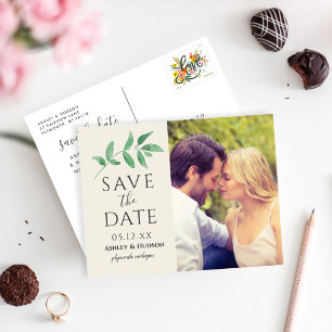 Greenery Branch Wedding Photo Save the Date Cream Announcement Postcard