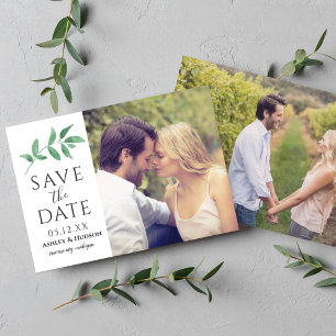 Greenery Branch Wedding Photo White Save The Date