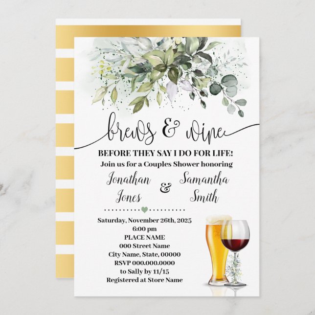 Greenery Brews and Wine Couples Shower  Invitation (Front/Back)