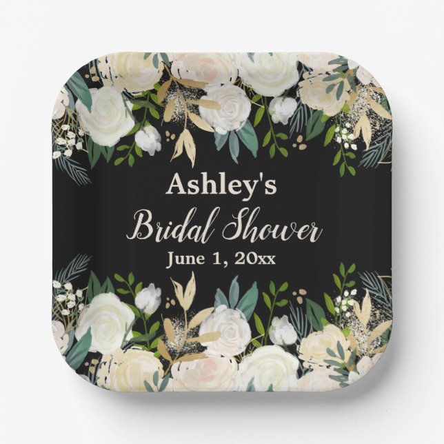 Greenery Bridal Shower Black Gold Engagement Party Paper Plate (Front)