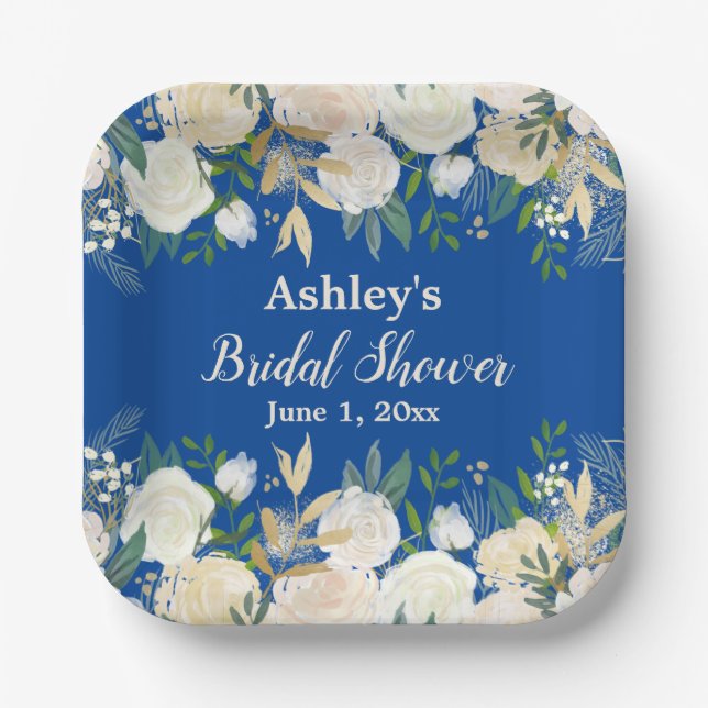 Greenery Bridal Shower Blue Gold Engagement Party Paper Plate (Front)