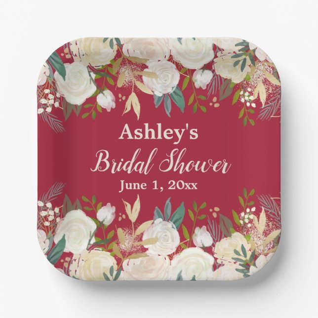 Greenery Bridal Shower Burgundy Engagement Party Paper Plate (Front)