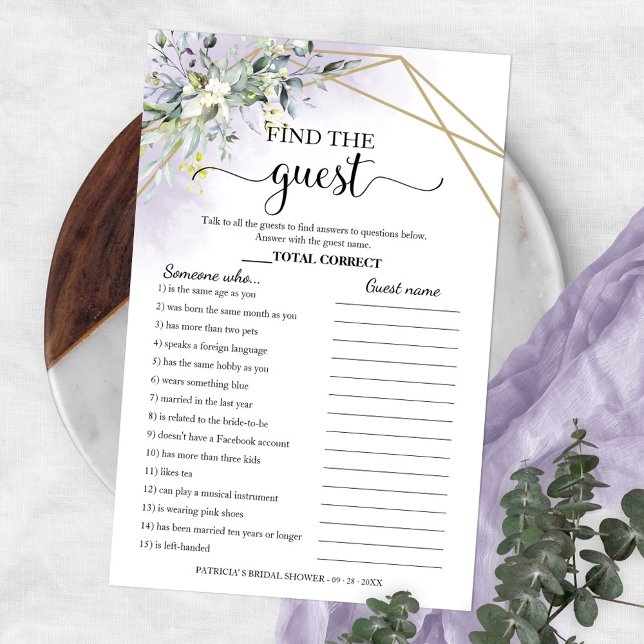 Greenery Bridal Shower Find The Guest Game Flyer (Creator Uploaded)