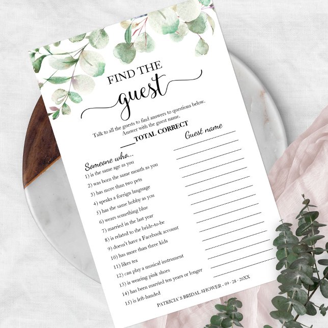 Greenery Bridal Shower Find The Guest Game Flyer (Creator Uploaded)