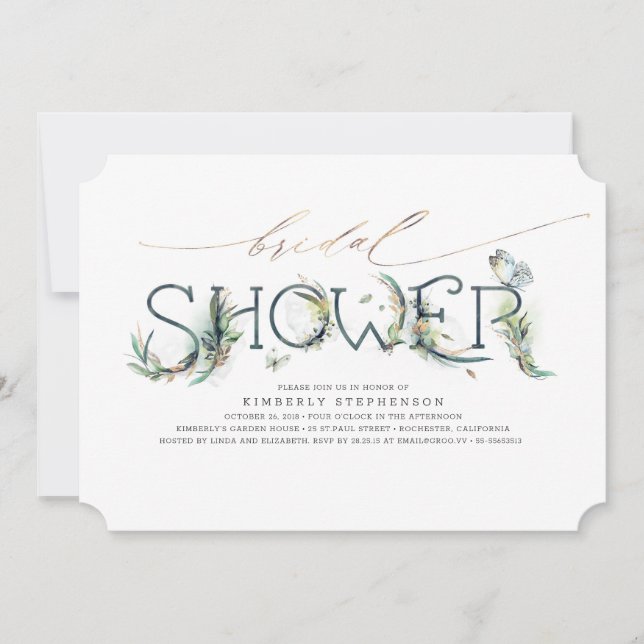 Greenery Bridal Shower Gold Calligraphy Invitation (Front)