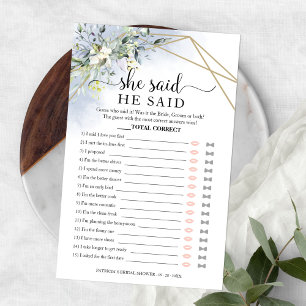 Greenery Bridal Shower He Said She Said Game Flyer
