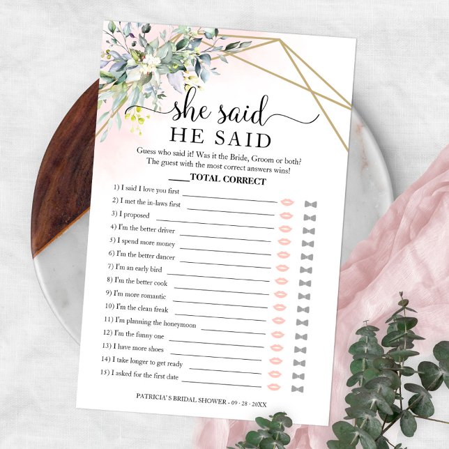 Greenery Bridal Shower He Said She Said Game Flyer (Creator Uploaded)