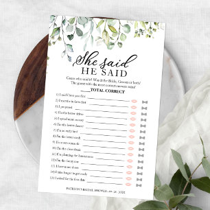 Greenery Bridal Shower He Said She Said Game Flyer