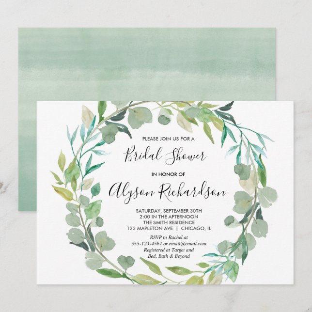 Greenery bridal shower invitation green watercolor (Front/Back)